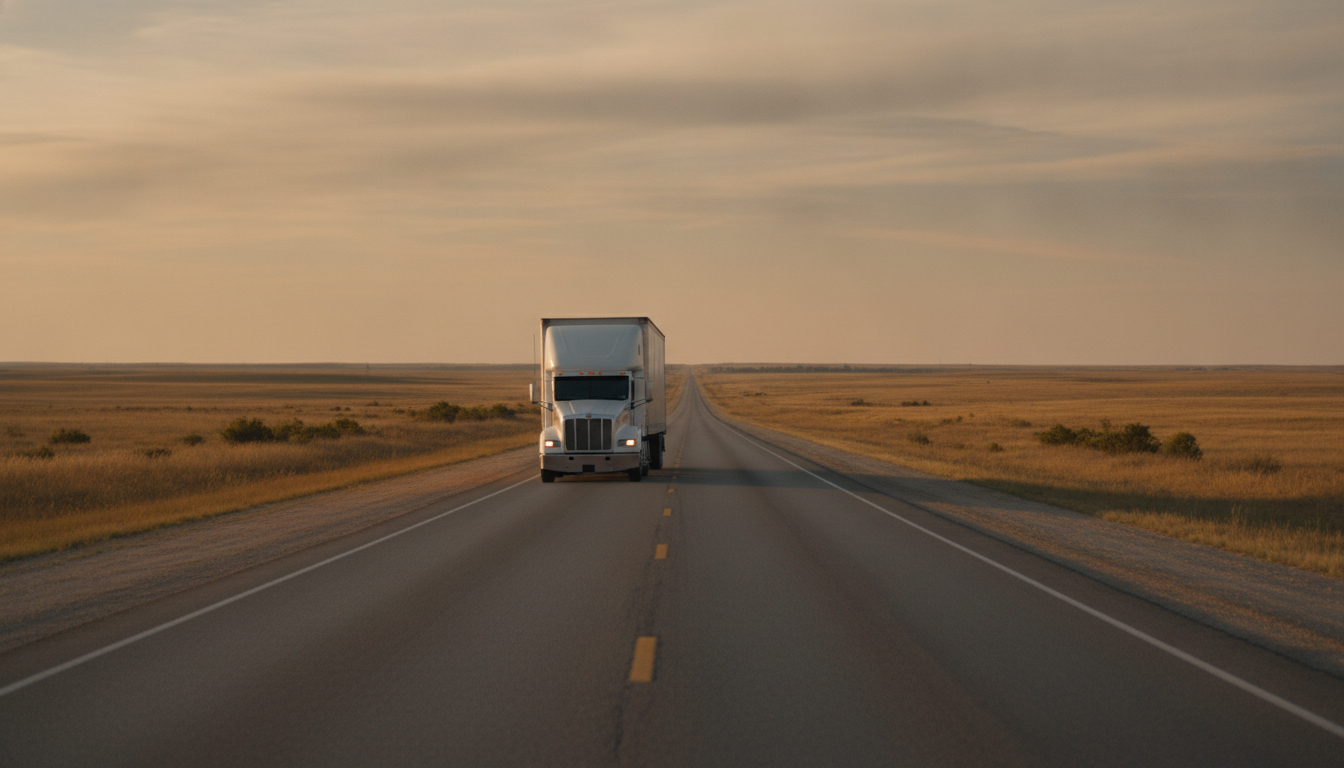 A long-haul moving truck traveling down an open highway through the Iowa plains at golden hour