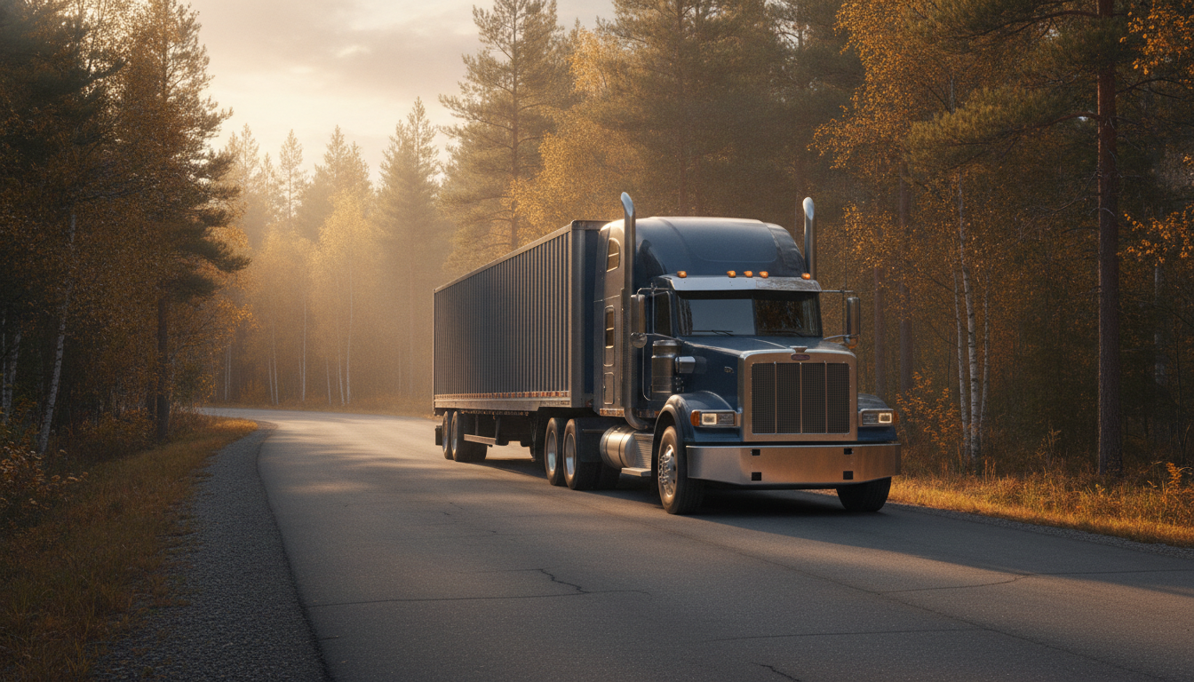 A long-haul moving truck on an open road through northern Minnesota woodland at golden hour