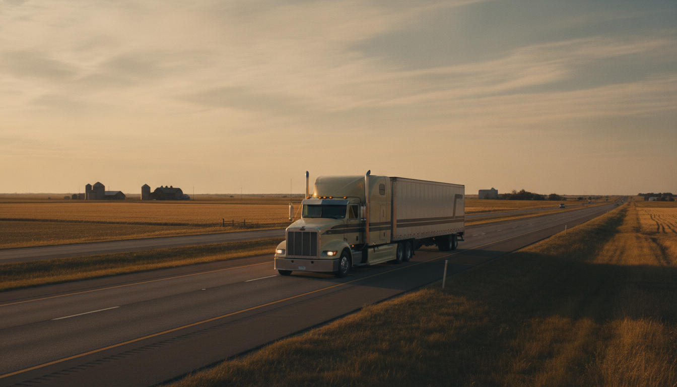 A long-haul moving truck traveling down an open highway out of Elkhart, Indiana at golden hour