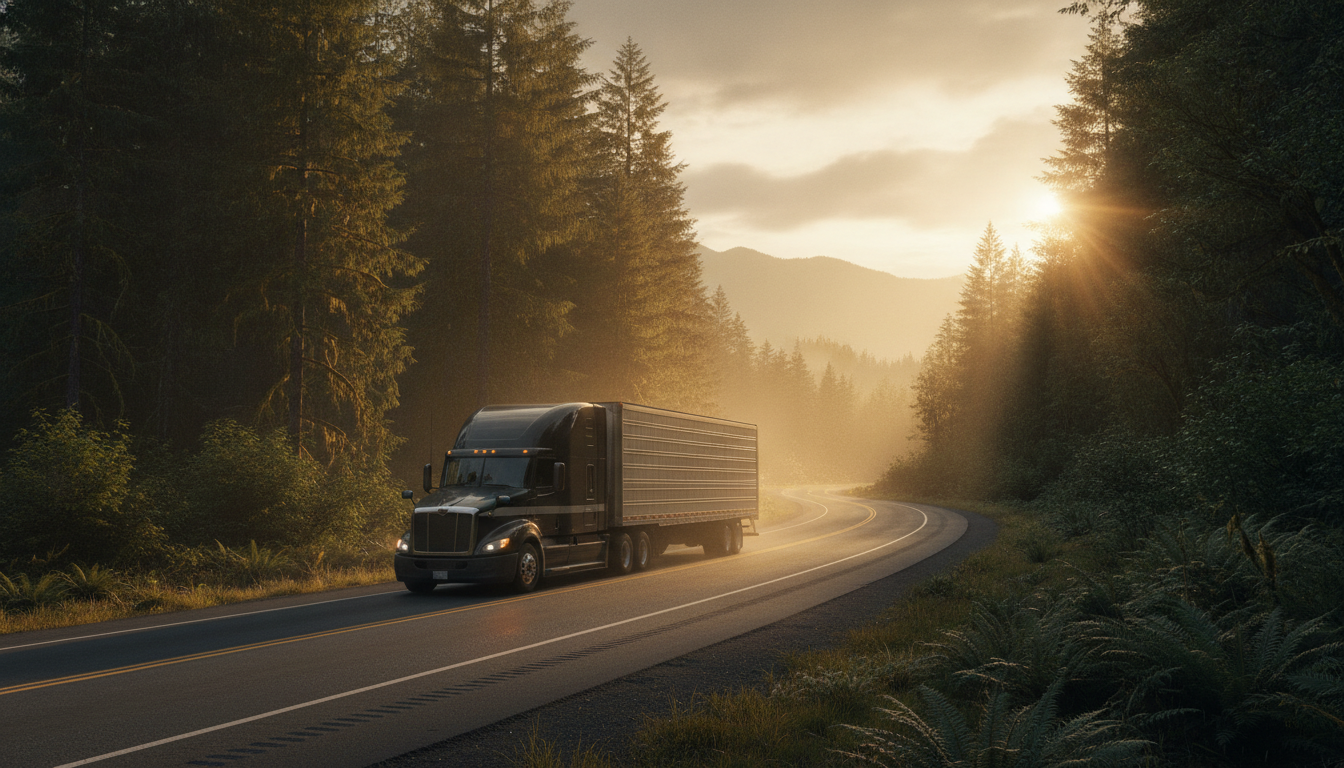 A long-haul moving truck on an open highway through Pacific Northwest scenery at golden hour