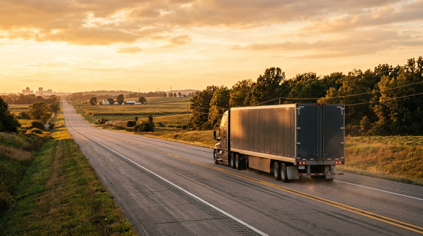 A long-haul moving truck driving down an open highway at golden hour, leaving Evansville, Indiana