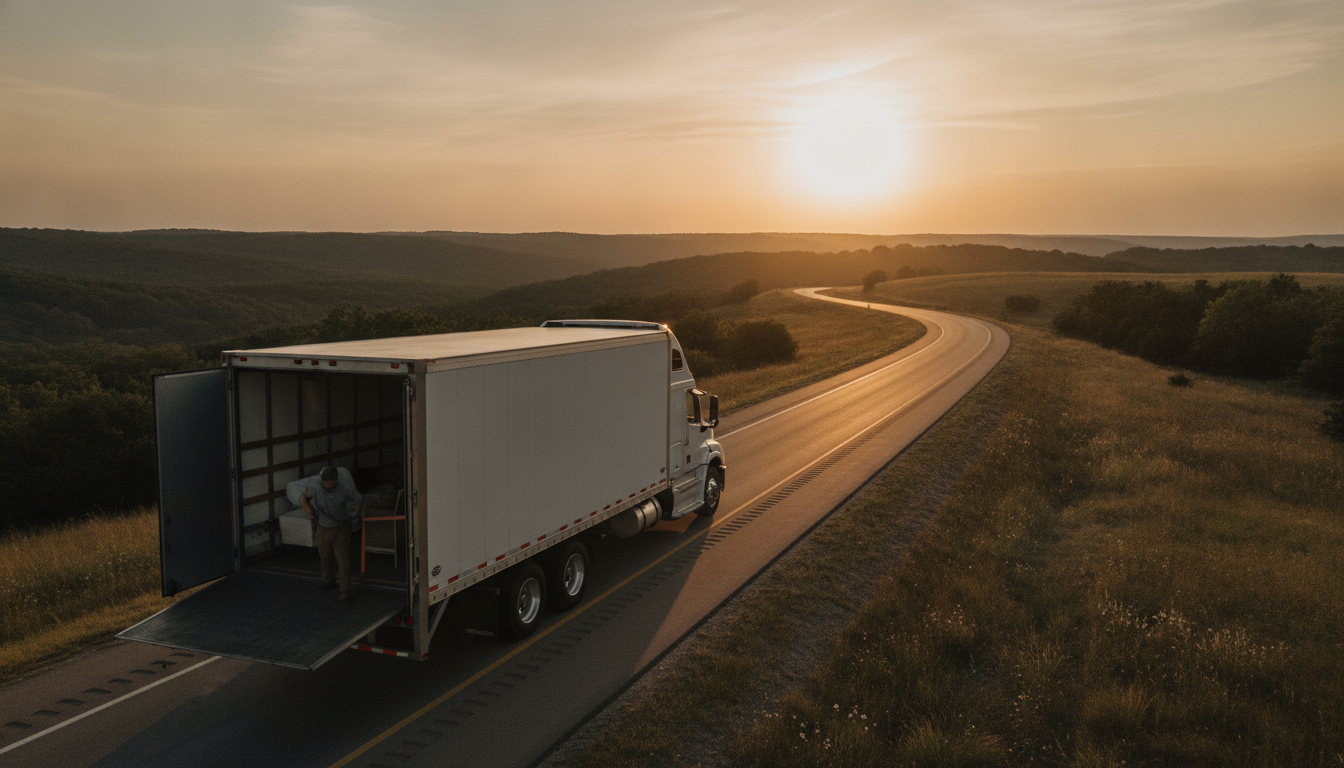 A long-haul moving truck on an open highway through the Ozark hills near Fayetteville, Arkansas at golden hour