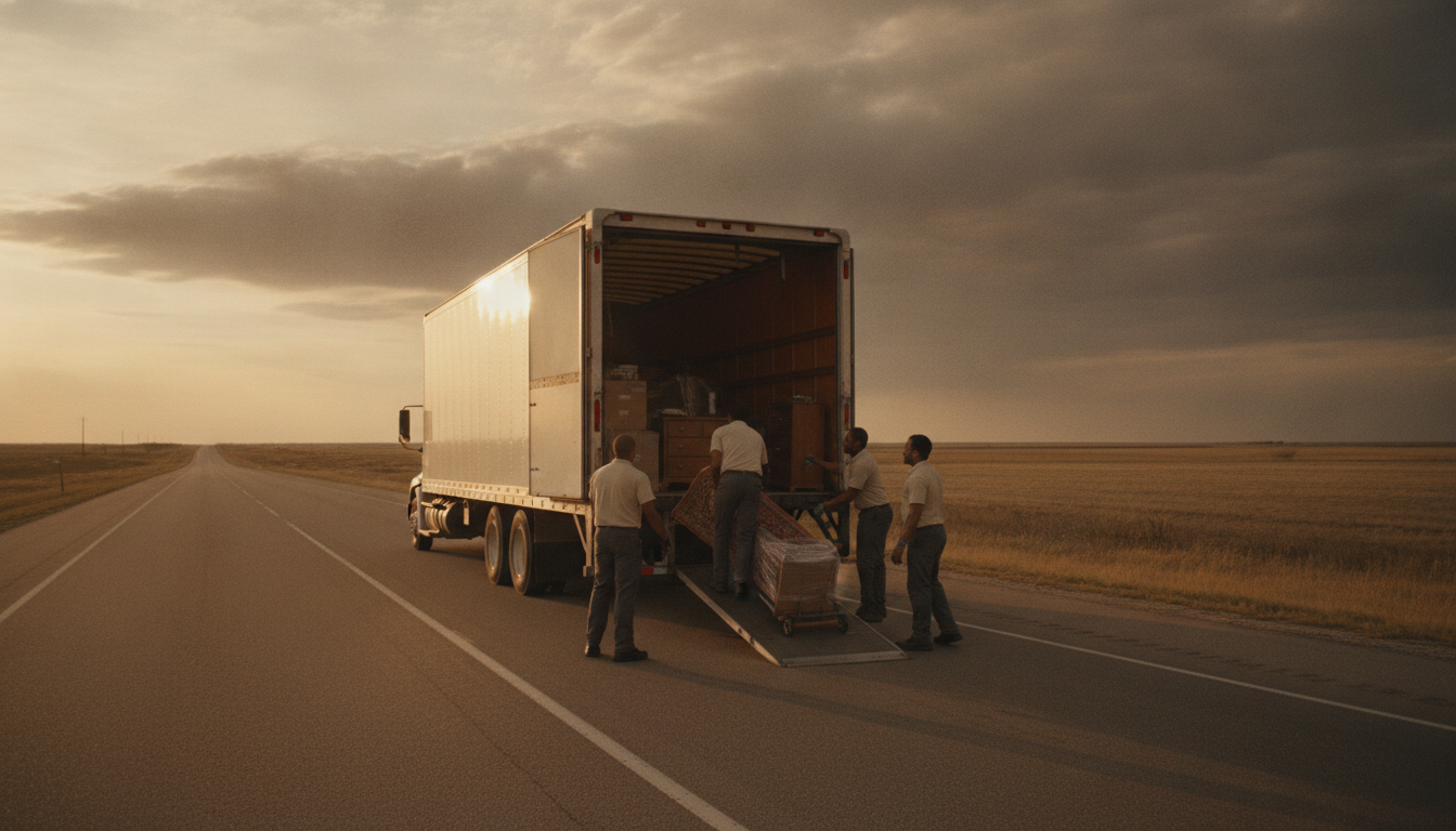 A long-haul moving truck being loaded on an open road outside Flint, Michigan at golden hour
