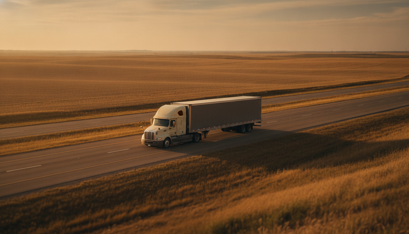 A long-haul moving truck traveling down an open highway out of Fort Wayne, Indiana at golden hour