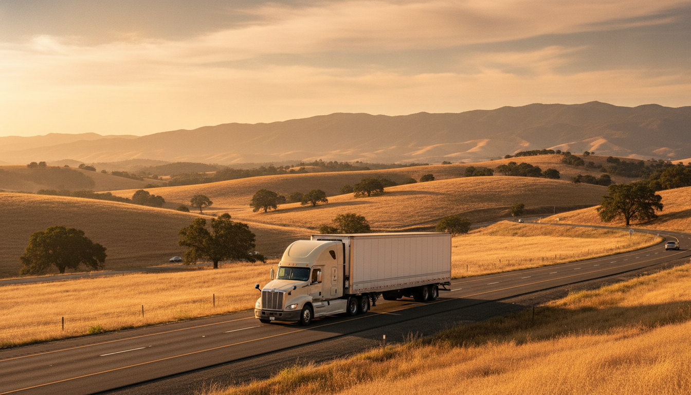 A long-haul moving truck on an open highway through California's Central Valley at golden hour