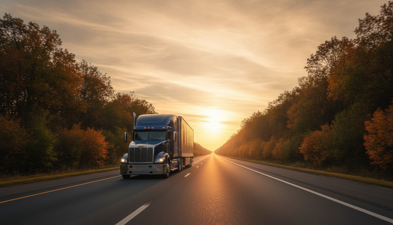 A long-haul moving truck on an open highway leaving Grand Rapids, MI at golden hour