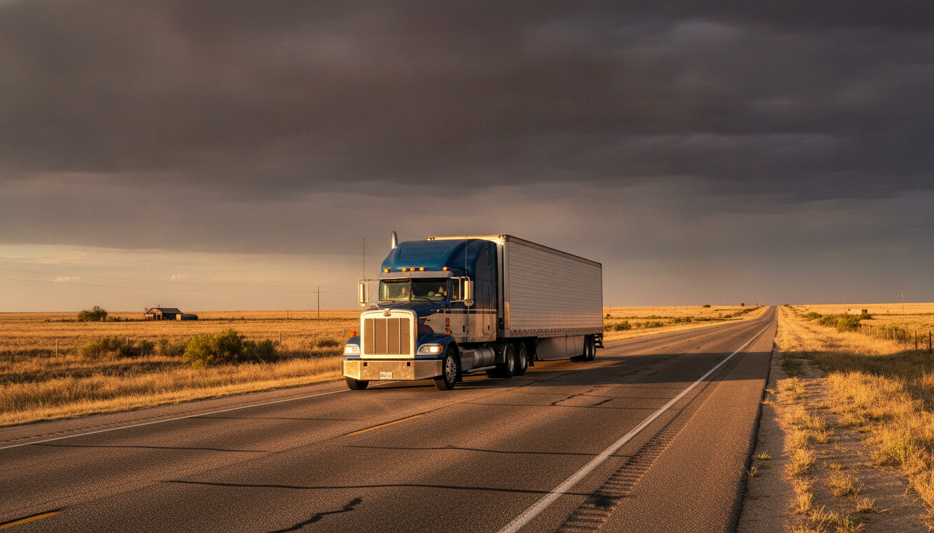 A long-haul moving truck traveling down an open highway out of the Gulf Coast at golden hour