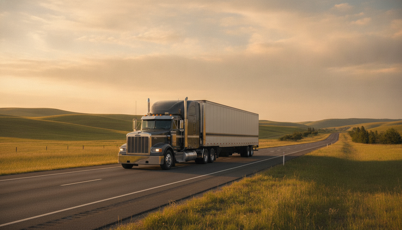 A long-haul moving truck traveling down an open highway at golden hour, leaving Harrisburg, PA