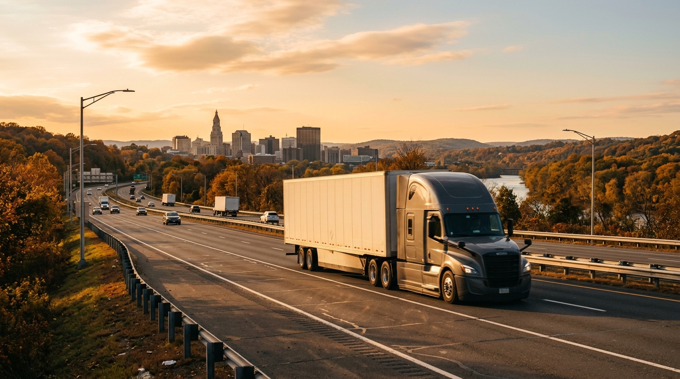 A long-haul moving truck loaded and ready on an open highway outside Hartford, CT, bathed in warm late-afternoon light