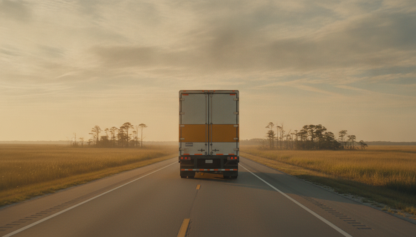 A long-haul moving truck driving along an open highway through the South Carolina Lowcountry at golden hour