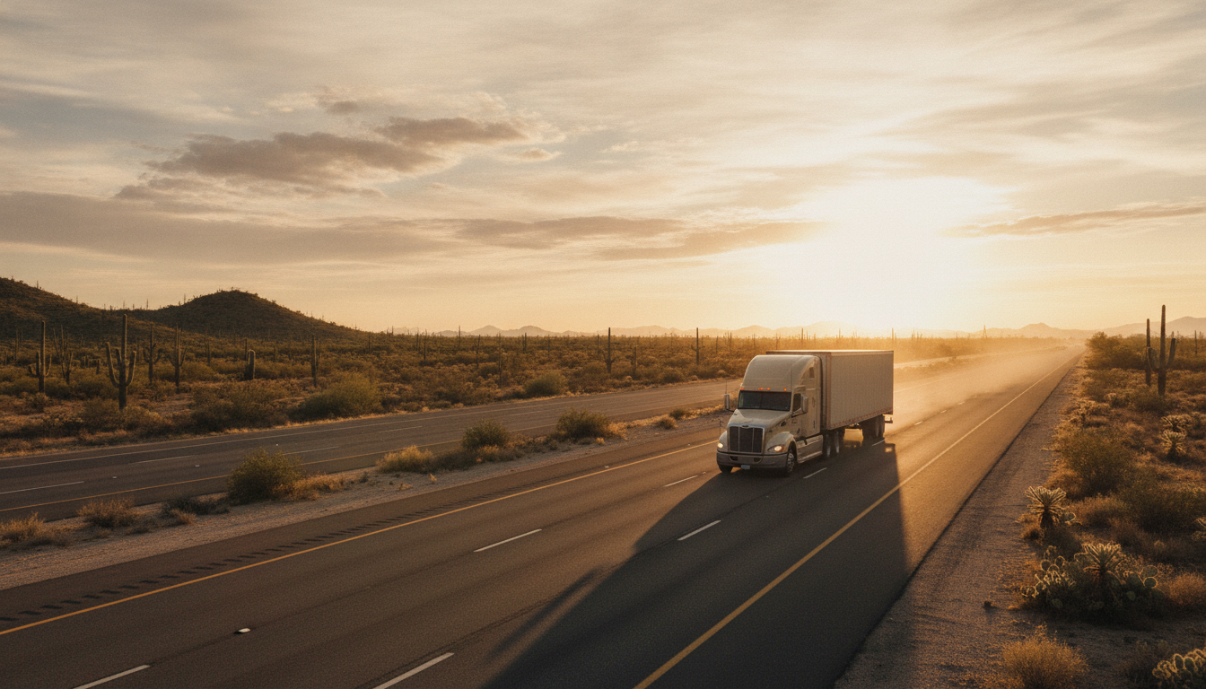 A long-haul moving truck traveling down an open highway through Idaho's high desert landscape at golden hour