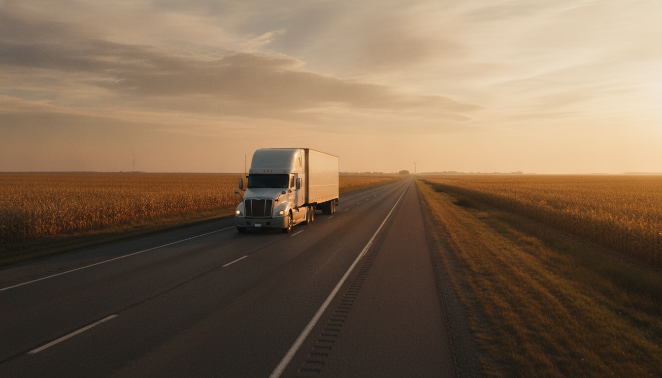 A long-haul moving truck traveling down a Midwestern highway at golden hour, leaving Iowa City behind