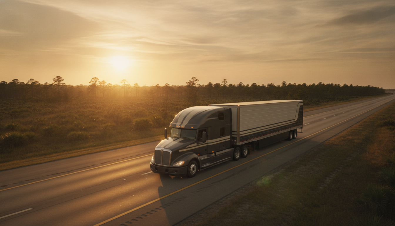 A long-haul moving truck heading down an open highway out of Jacksonville, Florida at golden hour