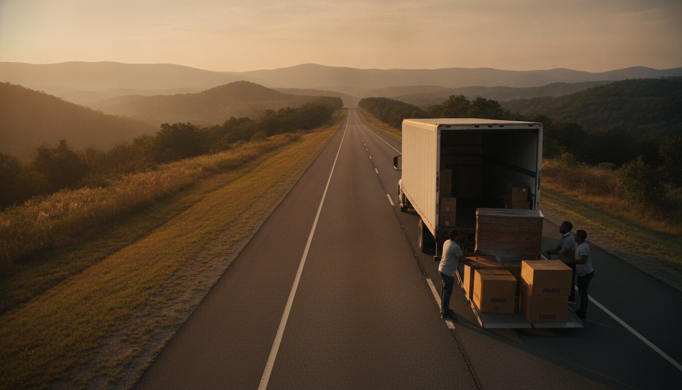 A long-haul moving truck on an open Appalachian highway at golden hour, with movers loading boxes in the foreground