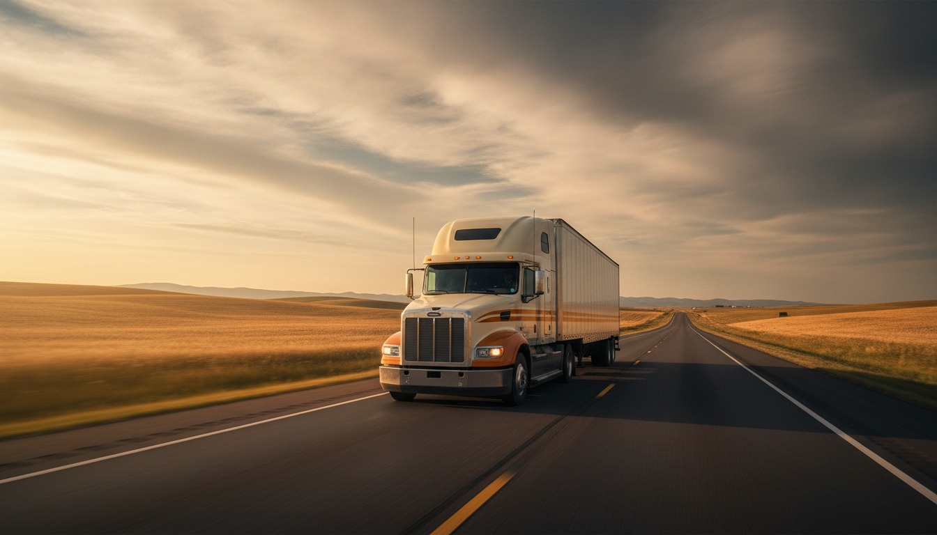 A long-haul moving truck driving down an open highway through the Midwest at golden hour