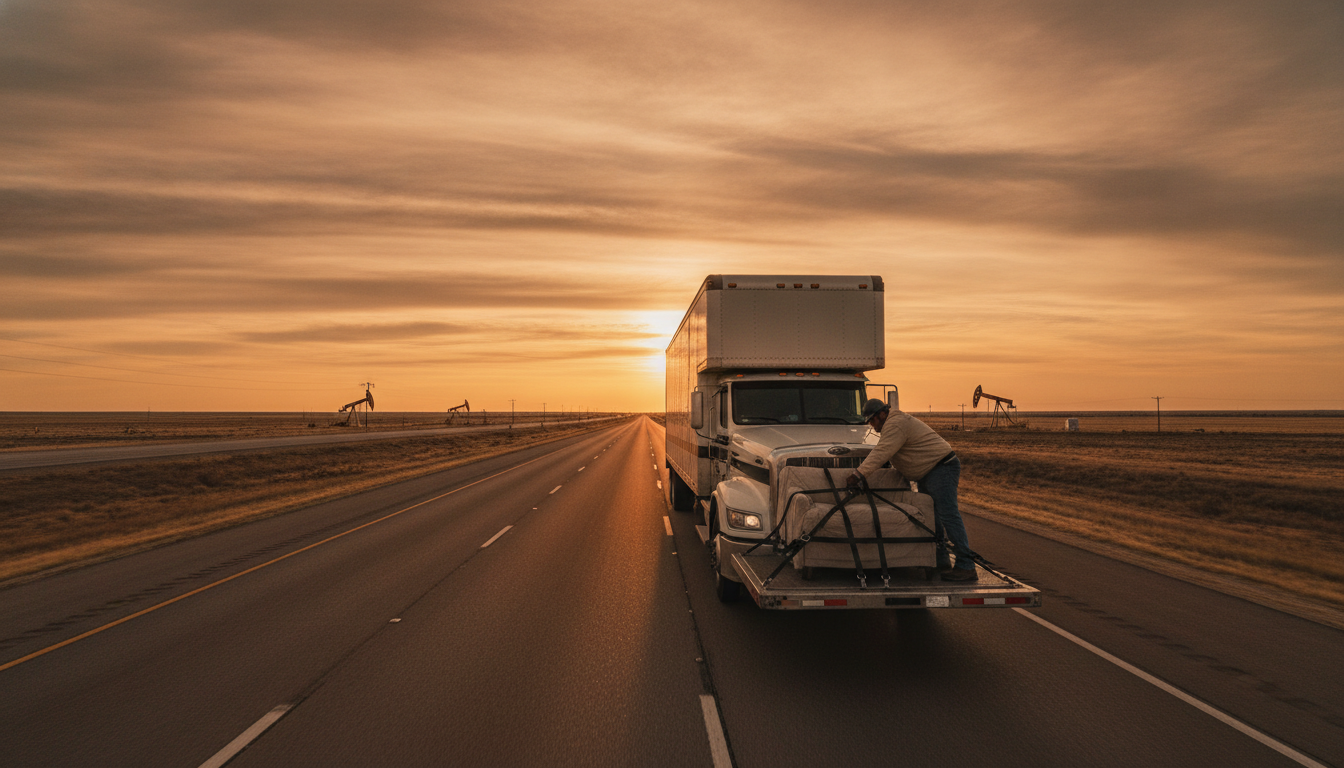 A long-haul moving truck on a Texas highway at golden hour, ready for an interstate move out of Killeen