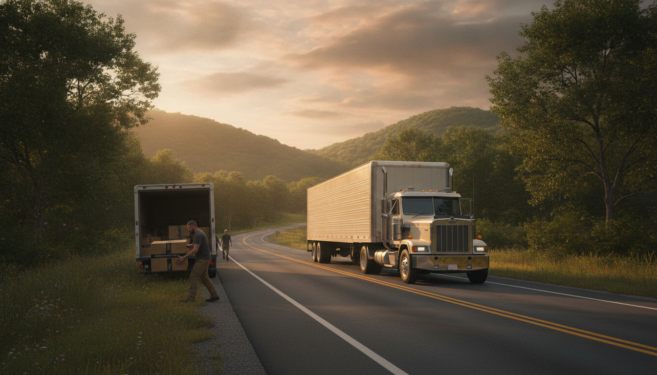Long-haul moving truck on an open highway through Tennessee hills at golden hour