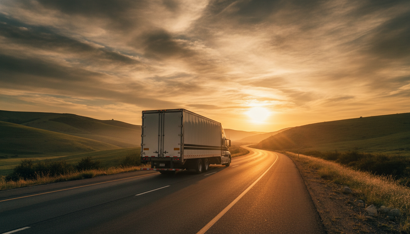 A long-haul moving truck driving down an open highway through rolling hills at golden hour
