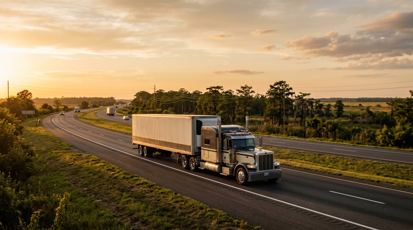 A long-haul moving truck on an open highway outside Lafayette, Louisiana at golden hour