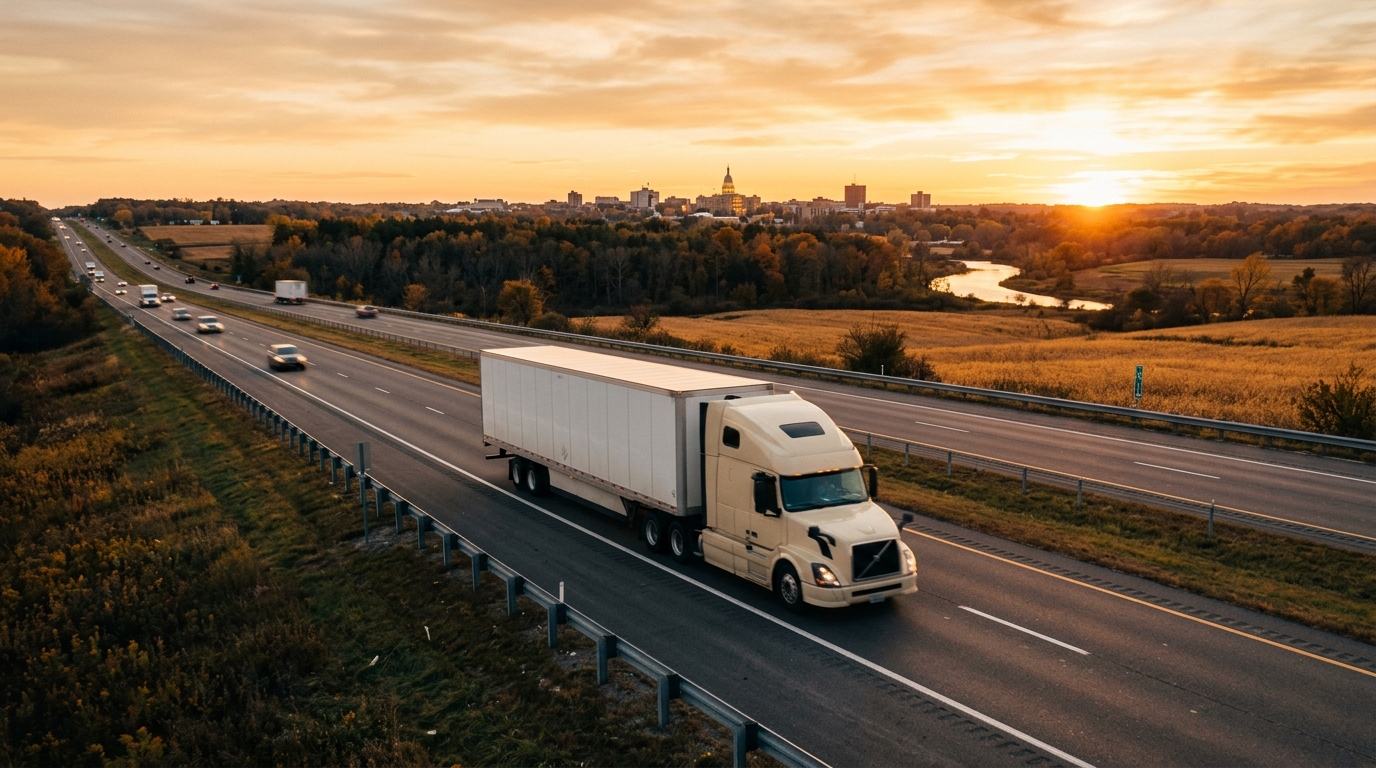 A long-haul moving truck traveling down an open highway out of Lansing, Michigan at golden hour