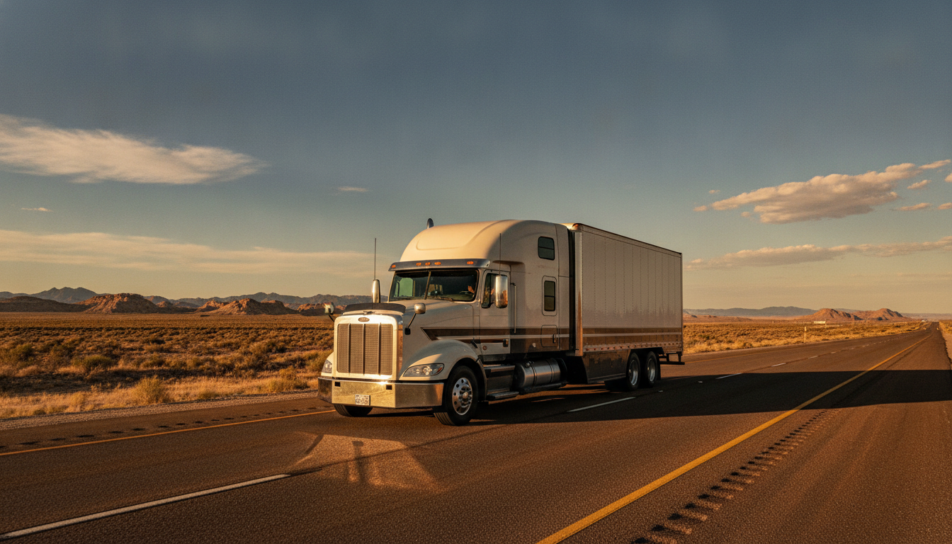A long-haul moving truck traveling down an open desert highway in New Mexico under a bright blue sky