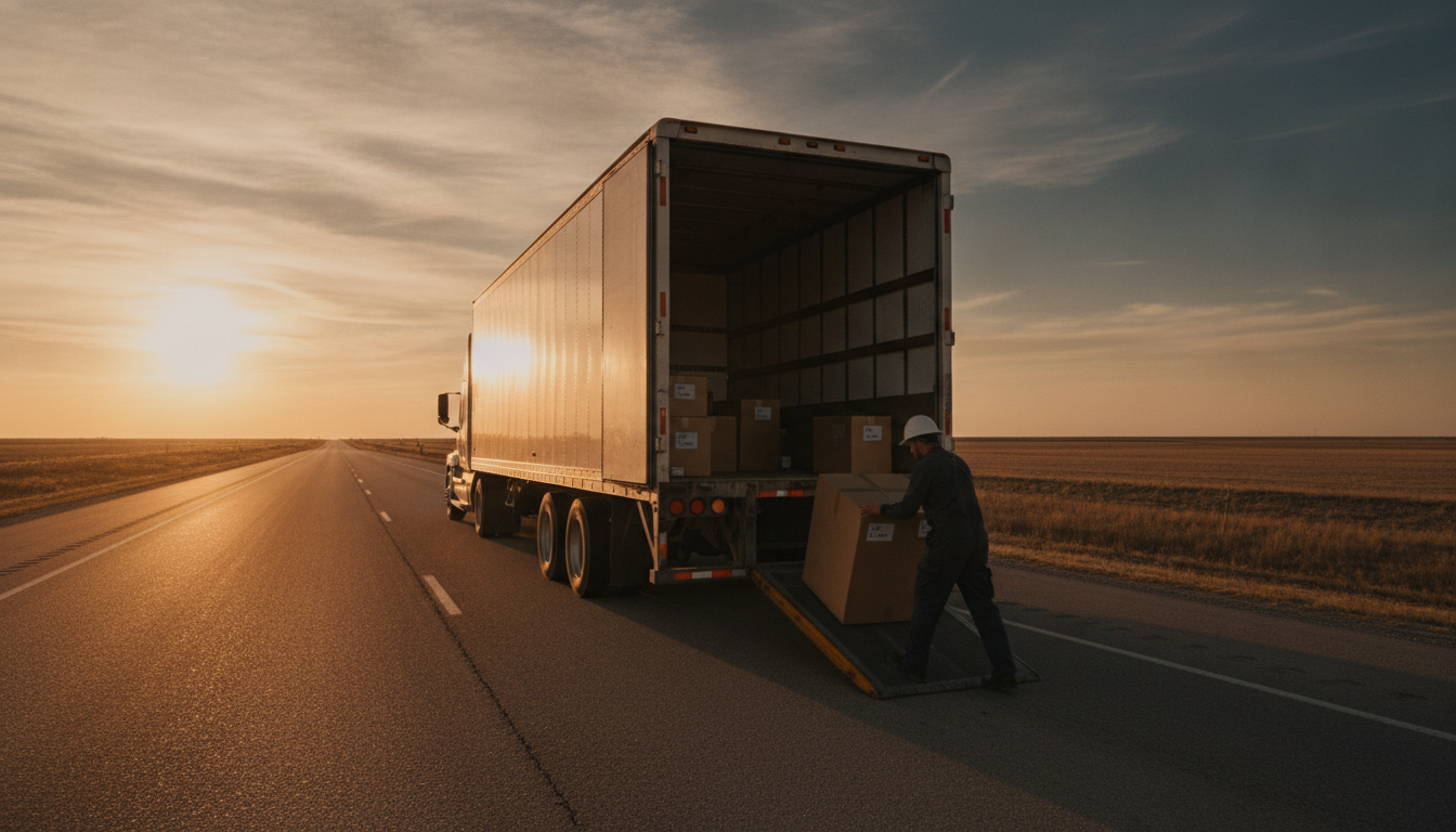 A long-haul moving truck on an open Kansas highway at golden hour, ready for an interstate move out of Lawrence