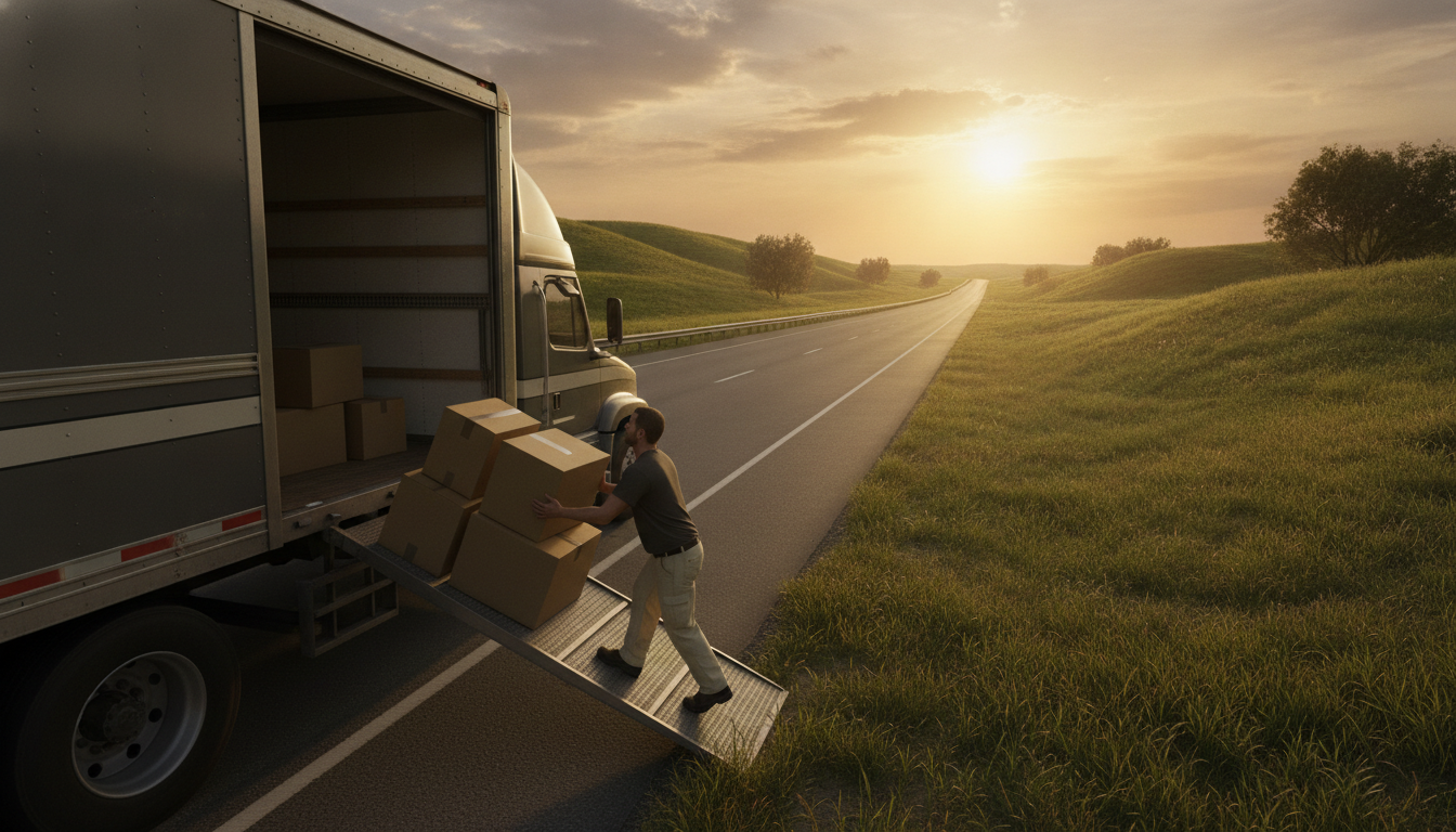 A long-haul moving truck on an open highway at golden hour, crew loading boxes, rolling hills in the background
