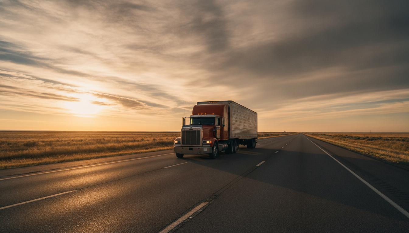 A long-haul moving truck driving down an open highway through the Great Plains at golden hour