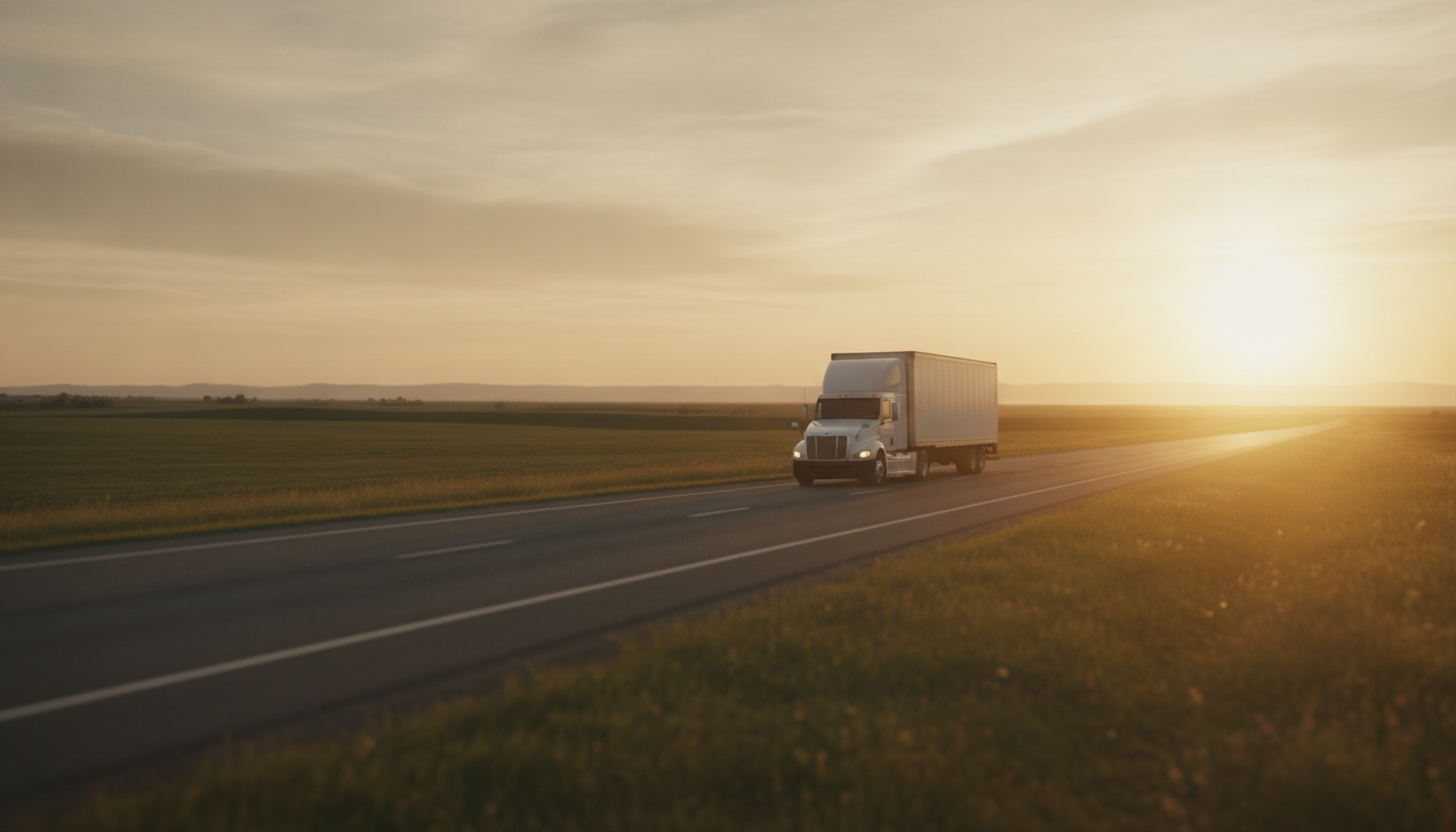 A long-haul moving truck traveling down an open highway at golden hour, leaving Little Rock, Arkansas