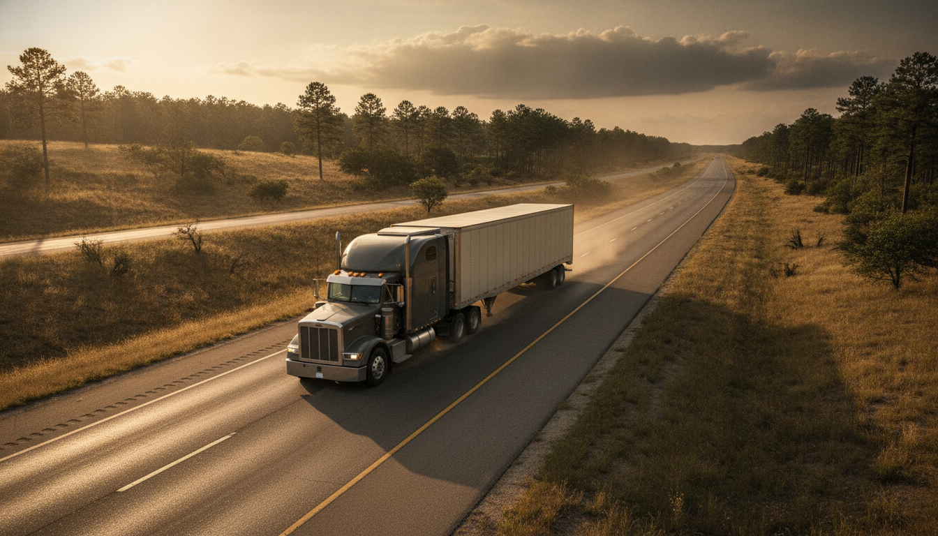 A long-haul moving truck traveling down an open highway through East Texas at golden hour