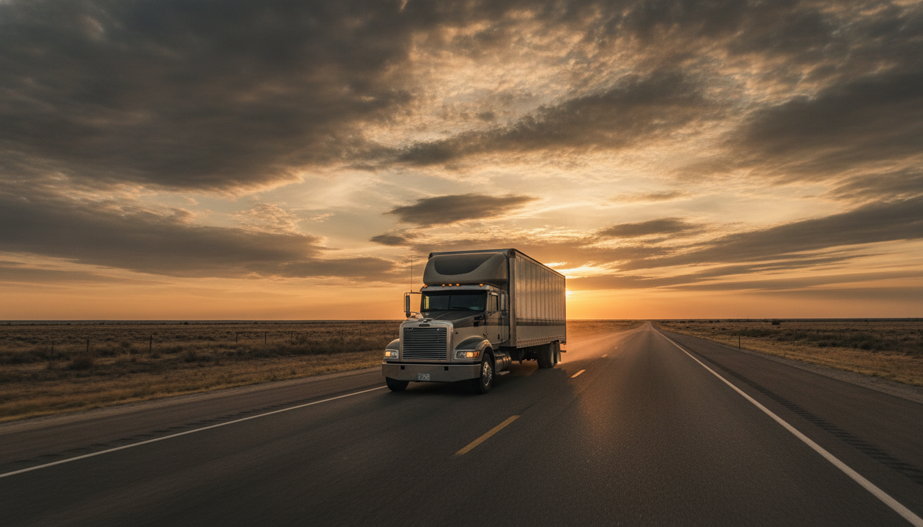 A long-haul moving truck traveling down an open West Texas highway at golden hour