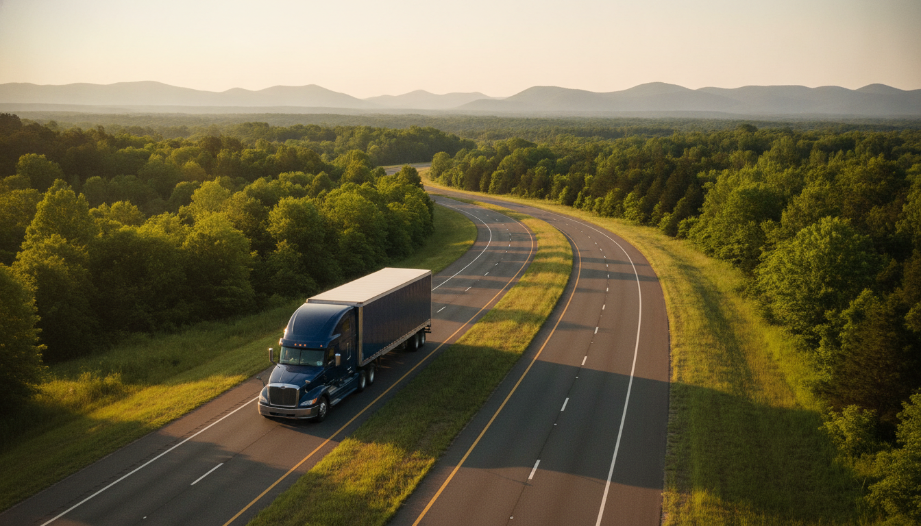 A long-haul moving truck traveling down an open highway through the Georgia countryside at golden hour