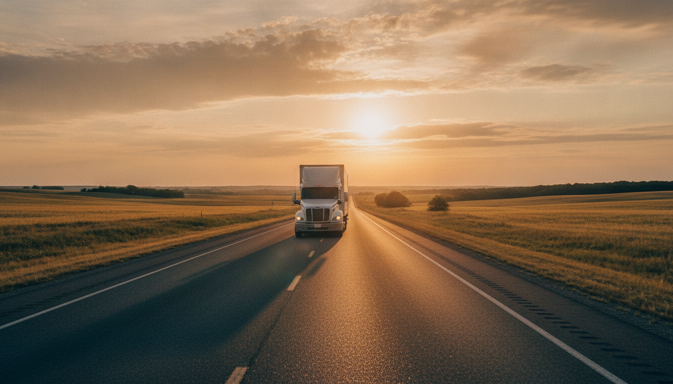 A long-haul moving truck driving down an open highway through the Kansas plains at golden hour