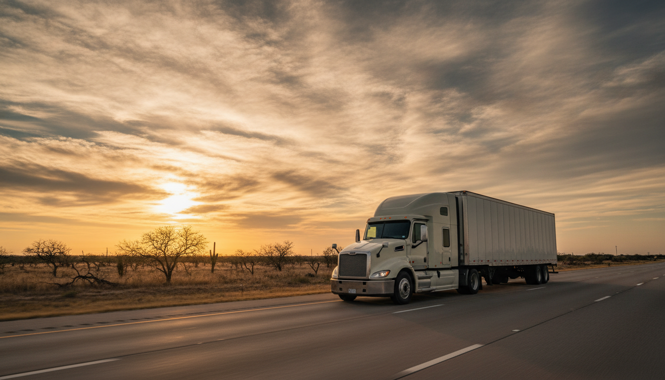 A long-haul moving truck traveling down an open highway through the South Texas landscape at golden hour