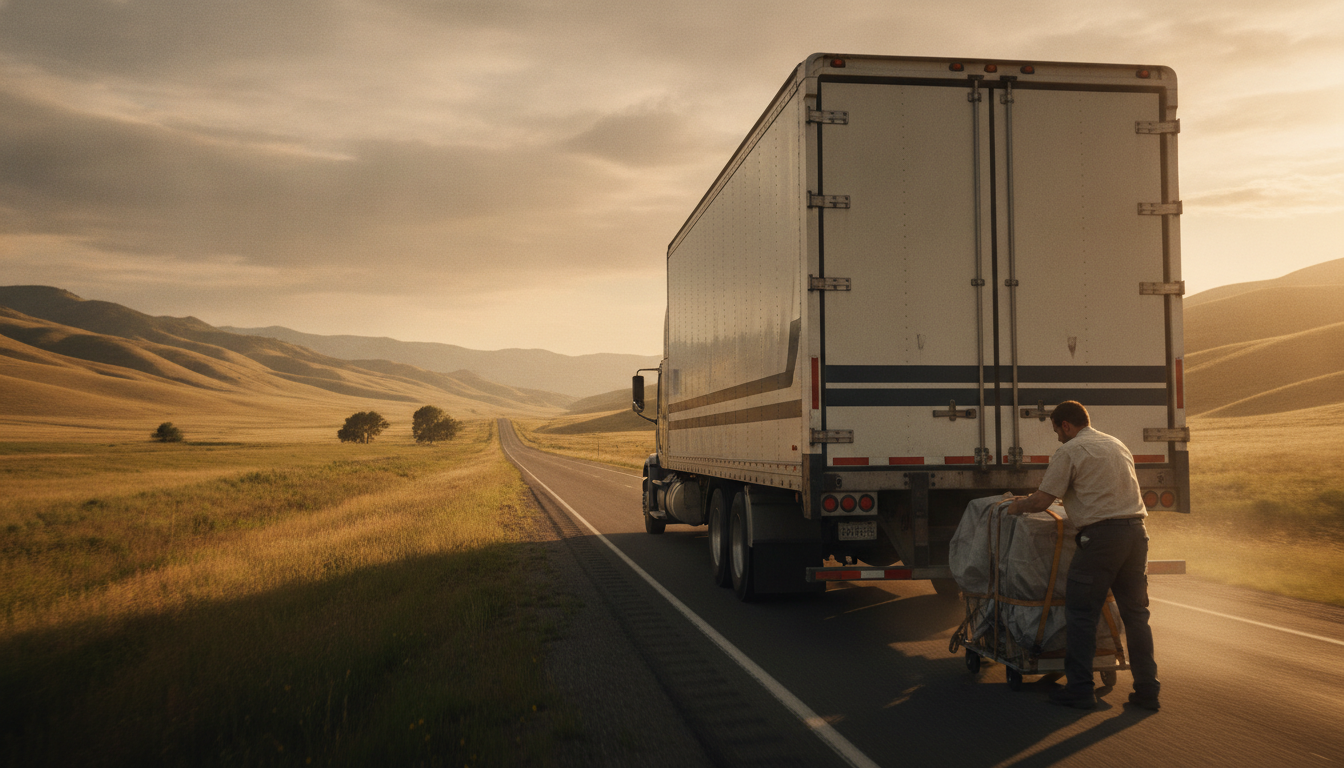 A long-haul moving truck on an open highway through a valley landscape at golden hour