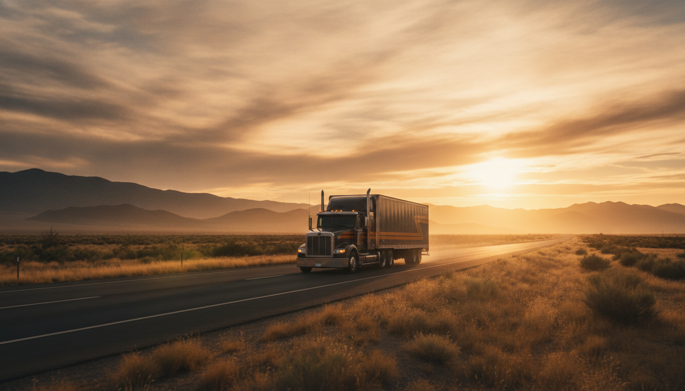 A long-haul moving truck on an open highway at golden hour, representing a long-distance move out of Milford, CT