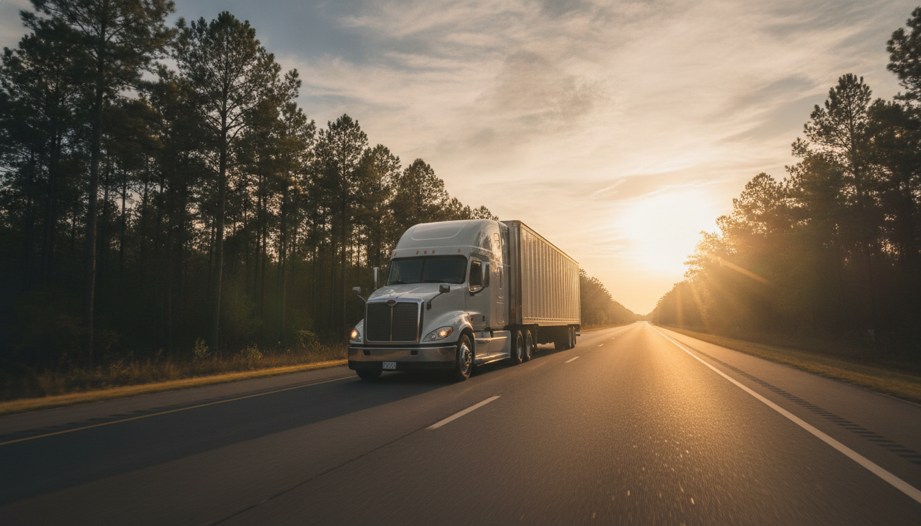 A long-haul moving truck driving down an open highway out of Montgomery, Alabama at golden hour