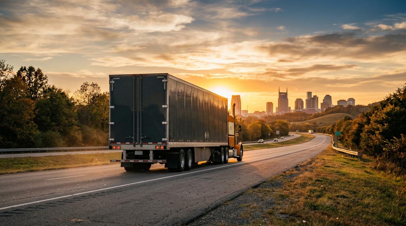 A long-haul moving truck driving down an open highway out of Nashville, TN at golden hour