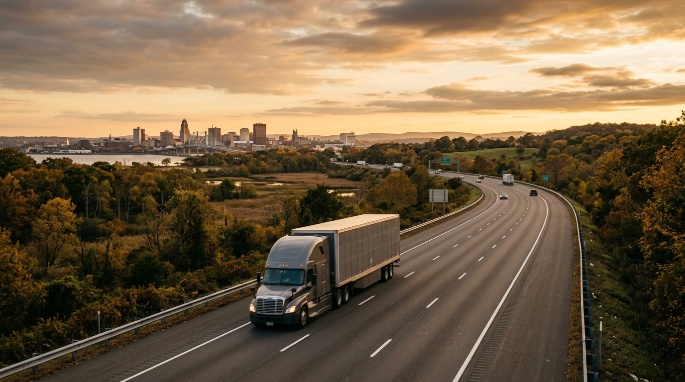 A long-haul moving truck traveling along an open highway out of New Haven, CT at golden hour