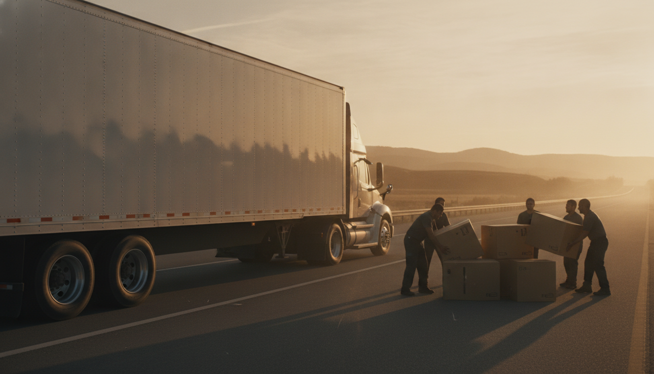 Long-haul moving truck on an open highway leaving New Orleans at golden hour