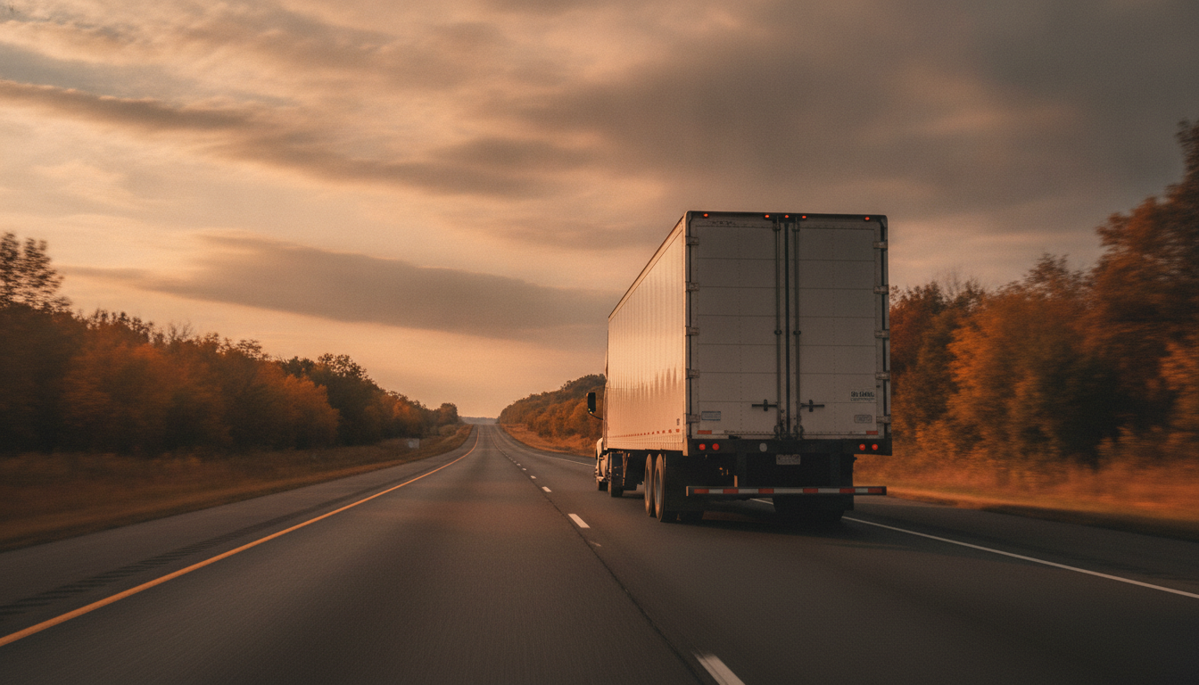 A long-haul moving truck driving down an open highway at golden hour, representing long-distance moving from Newark, NJ