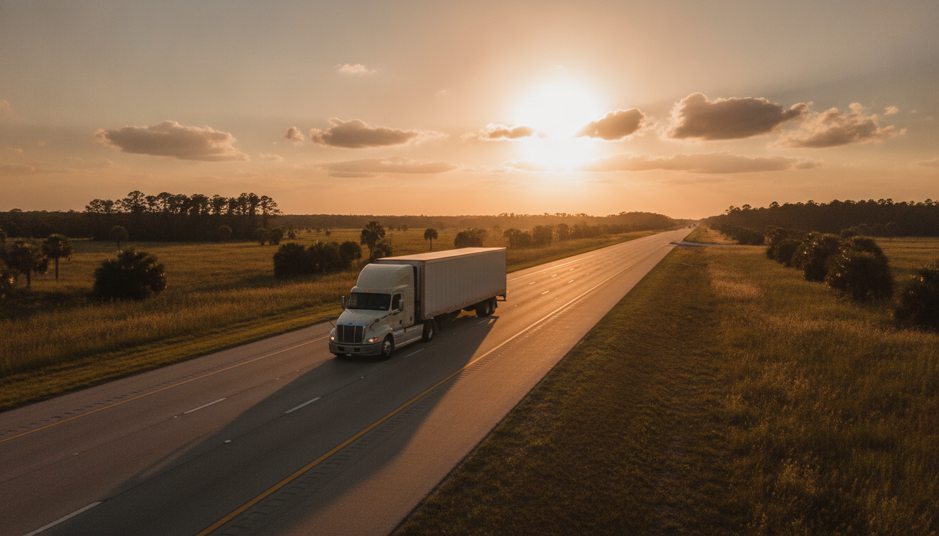 A long-haul moving truck traveling down an open highway at golden hour, leaving North Port, Florida