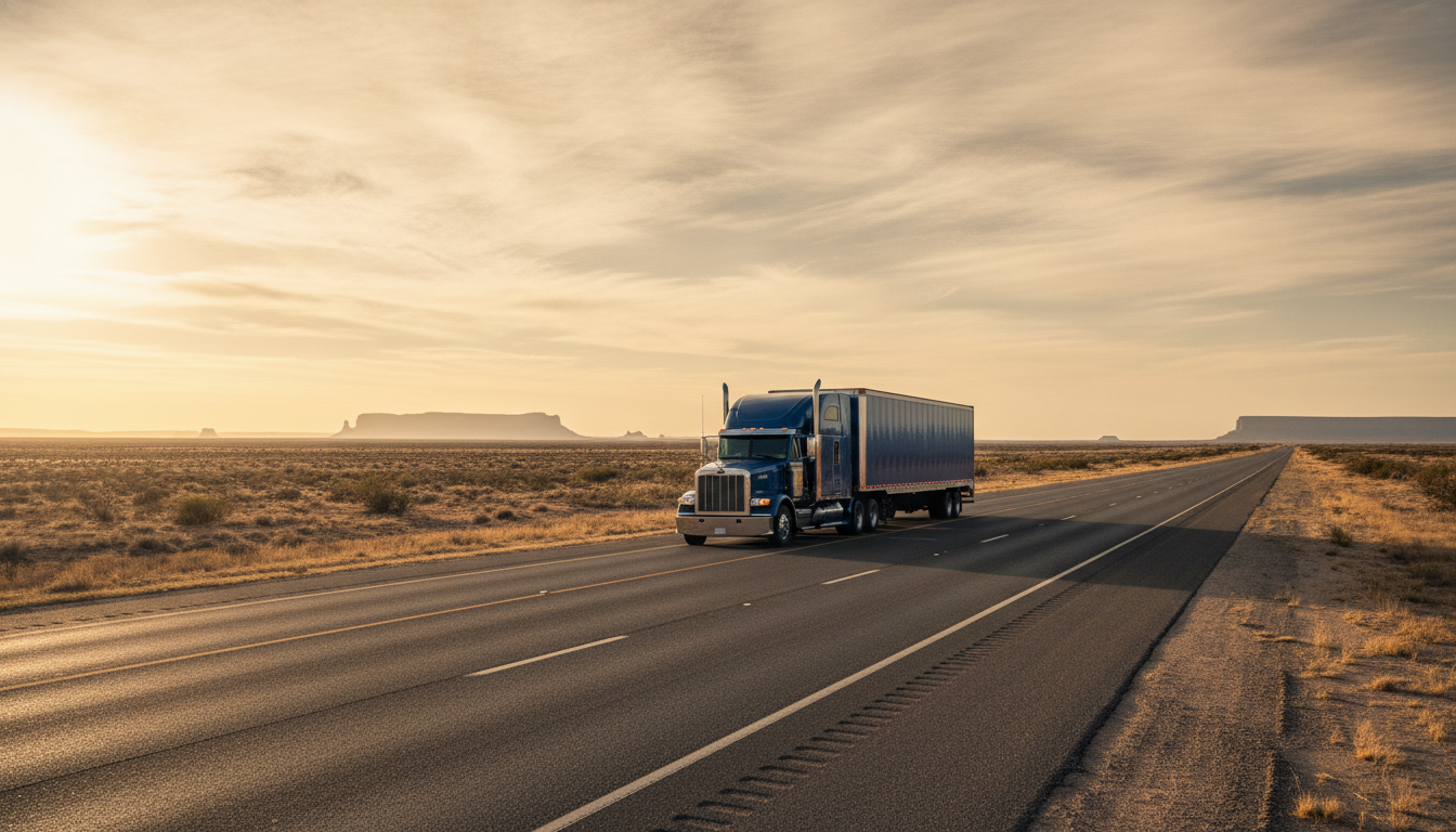 A long-haul moving truck driving down a wide open West Texas highway at golden hour