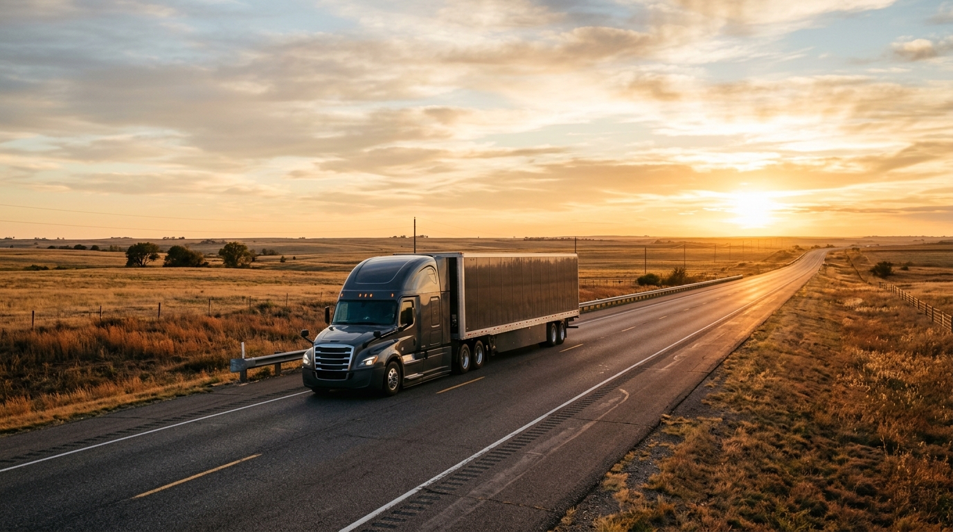 A long-haul moving truck on an open Oklahoma highway at golden hour, ready for an interstate move out of Oklahoma City