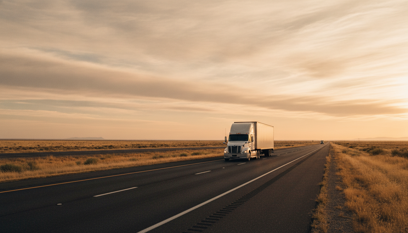 A long-haul moving truck heading down an open highway out of Omaha at golden hour