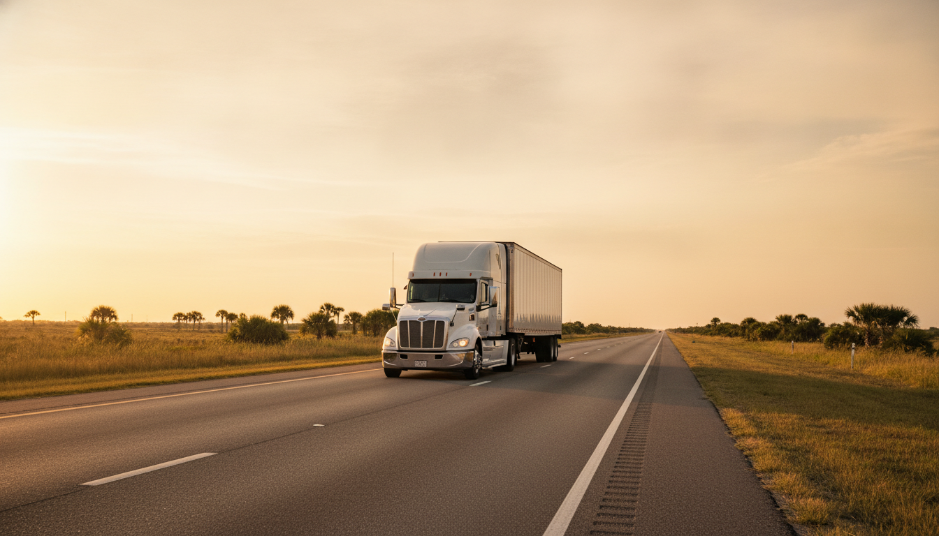 A long-haul moving truck traveling down a sunlit open highway out of Orlando, Florida