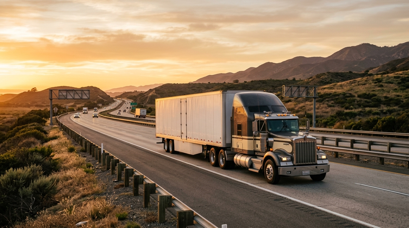 A long-haul moving truck on an open highway at golden hour, ready for an interstate move out of Oxnard, CA