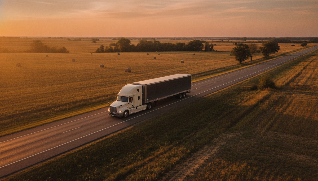 A long-haul moving truck driving down an open highway through the Illinois countryside at golden hour