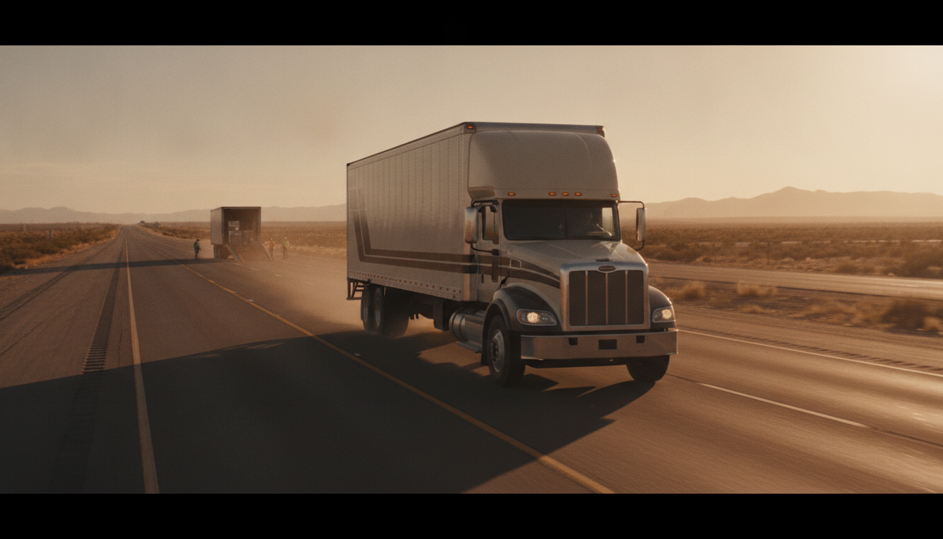 A long-haul moving truck driving down an open highway at golden hour, leaving Philadelphia for a new destination