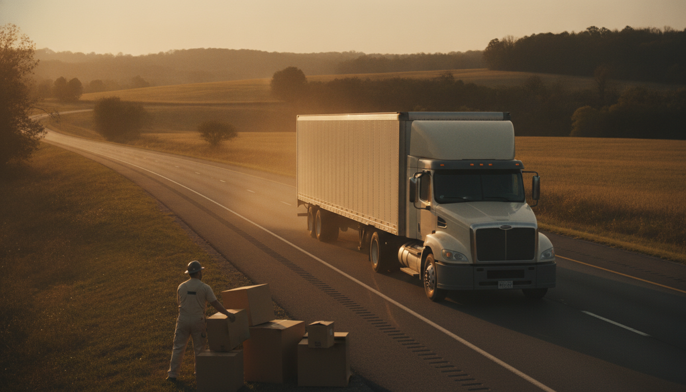 A long-haul moving truck being loaded on an open road outside Reading, Pennsylvania at golden hour
